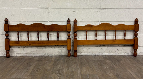 Vintage Twin Size Tiger Maple Acorn Finial Low Poster Headboard and Footboard