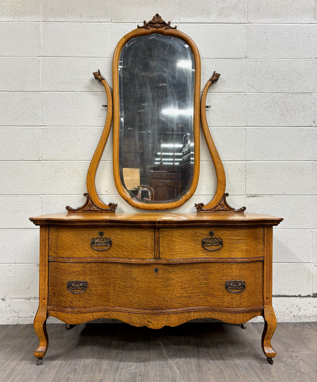 Antique Victorian Tiger Oak Serpentine Dresser with Mirror