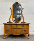 Antique Victorian Tiger Oak Serpentine Dresser with Mirror