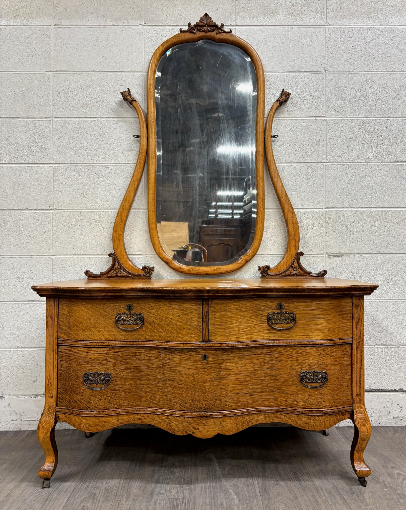 Antique Victorian Tiger Oak Serpentine Dresser with Mirror