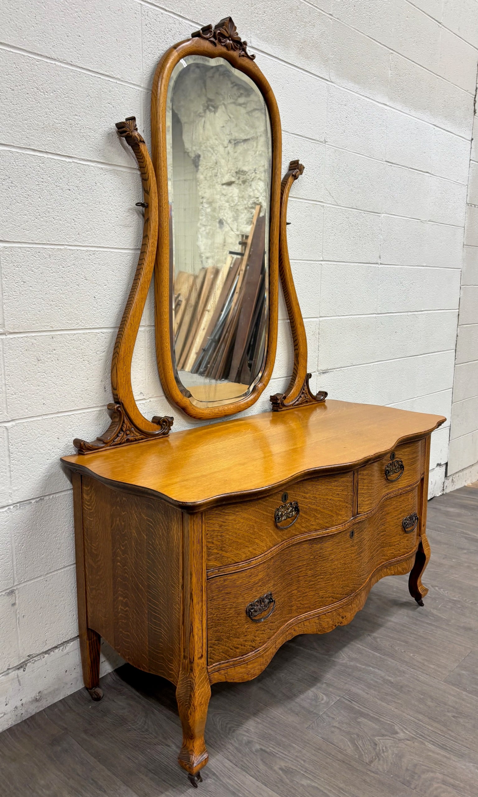 Antique Victorian Tiger Oak Serpentine Dresser with Mirror