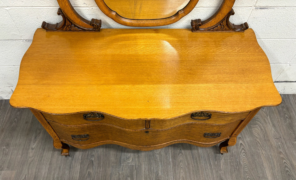 Antique Victorian Tiger Oak Serpentine Dresser with Mirror