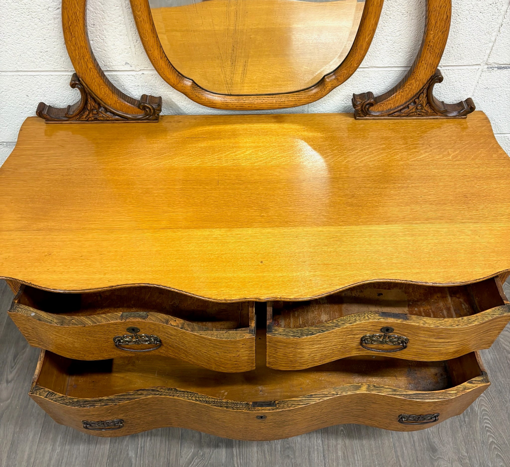 Antique Victorian Tiger Oak Serpentine Dresser with Mirror
