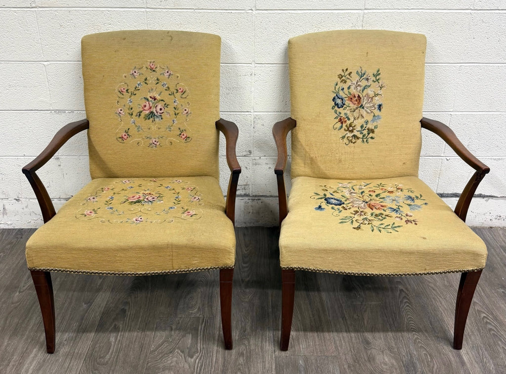 Vintage Mid Century Modern MCM Needlepoint Armchairs - Pair
