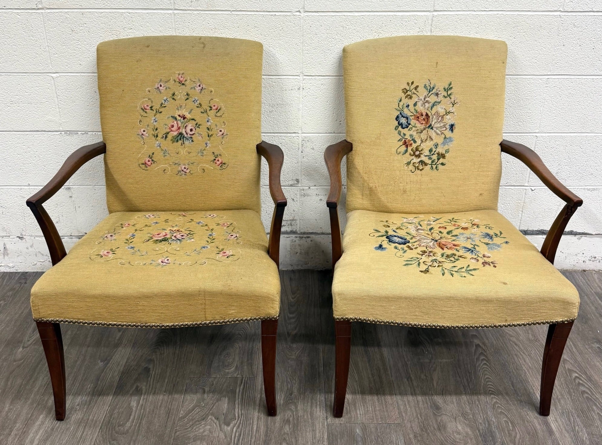 Vintage Mid Century Modern MCM Needlepoint Armchairs - Pair