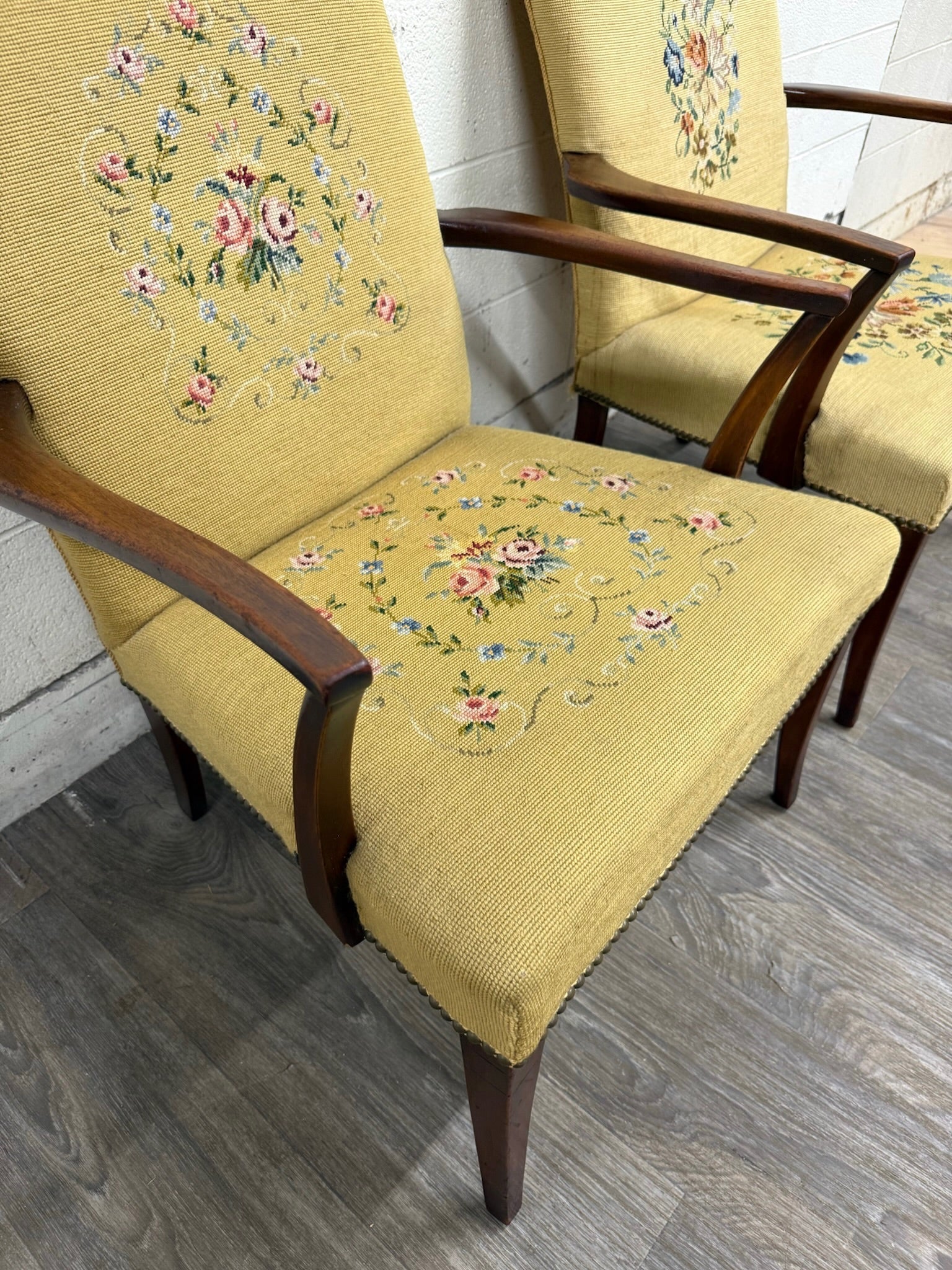 Vintage Mid Century Modern MCM Needlepoint Armchairs - Pair