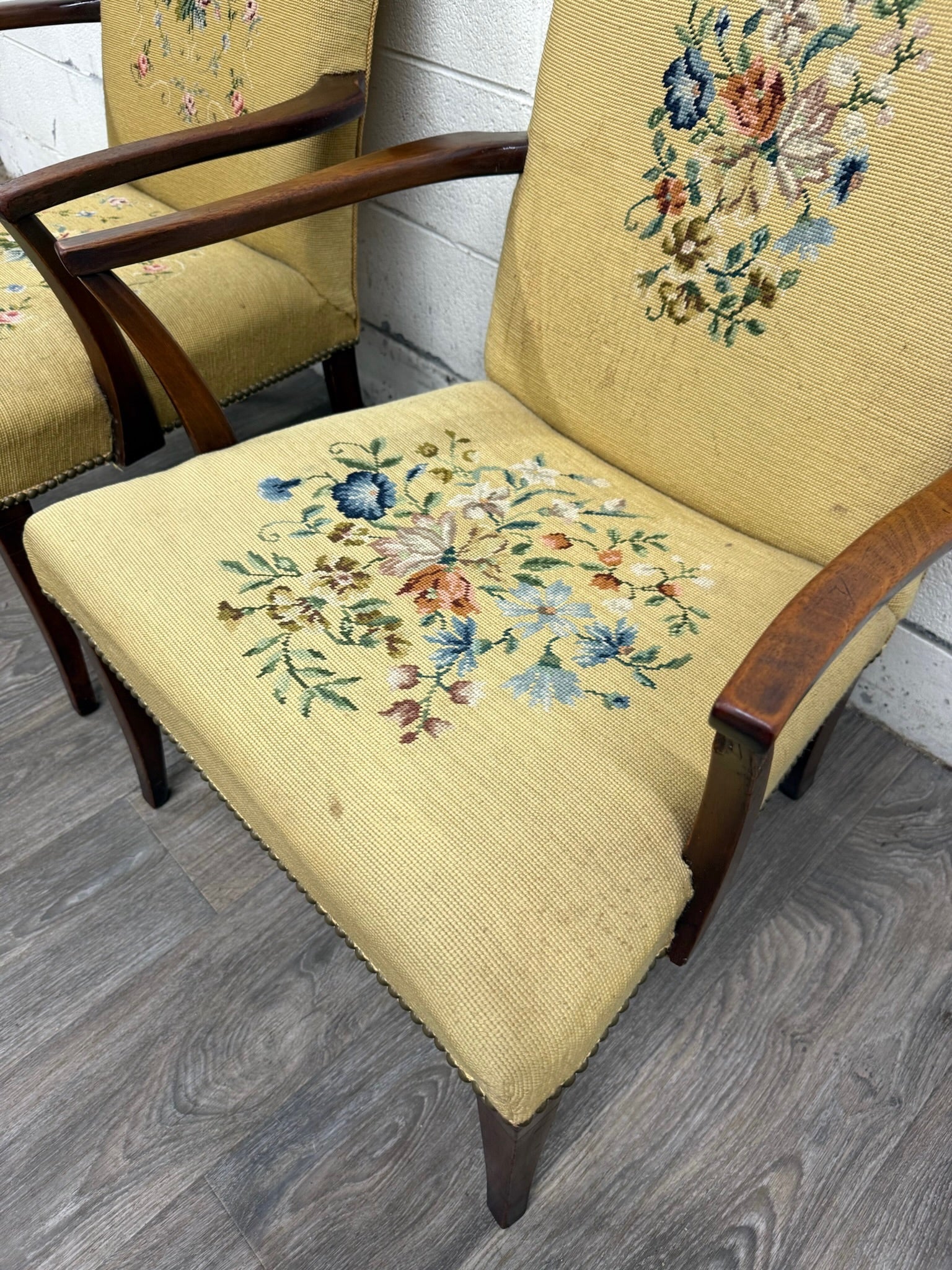 Vintage Mid Century Modern MCM Needlepoint Armchairs - Pair