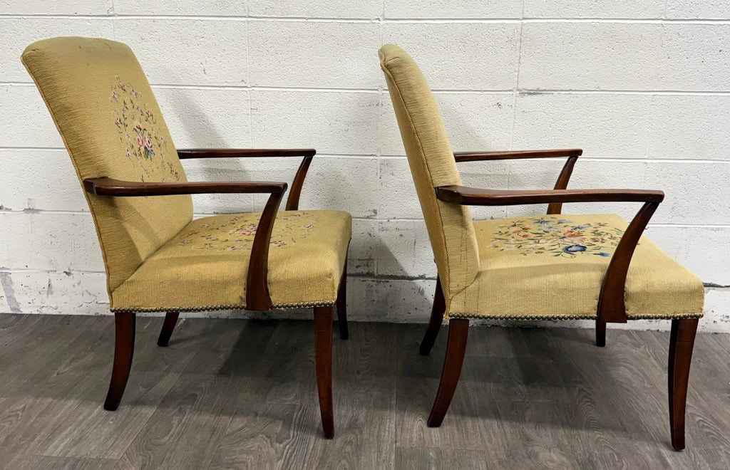 Vintage Mid Century Modern MCM Needlepoint Armchairs - Pair