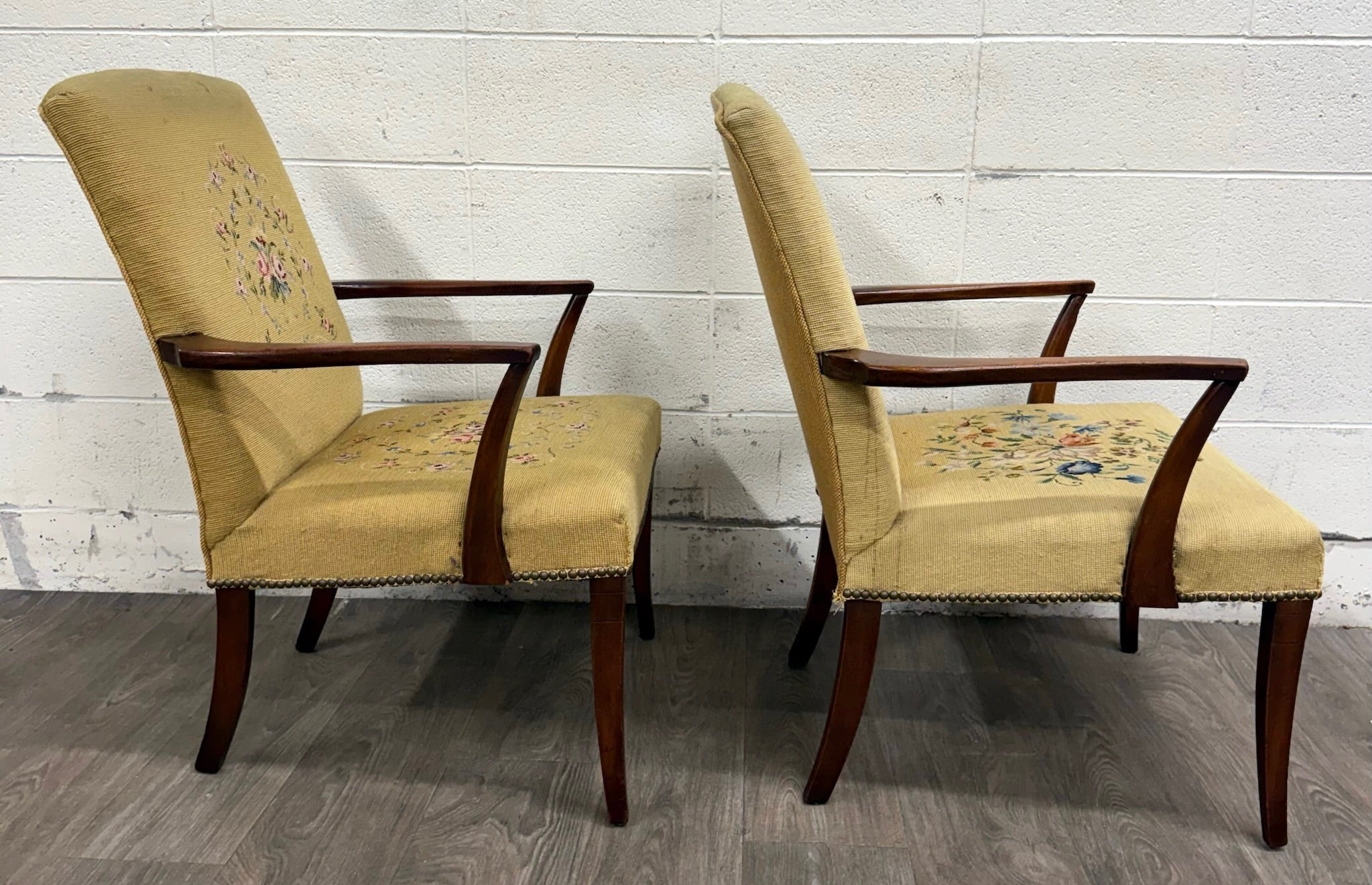 Vintage Mid Century Modern MCM Needlepoint Armchairs - Pair