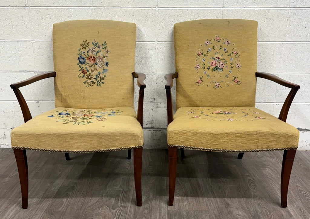 Vintage Mid Century Modern MCM Needlepoint Armchairs - Pair