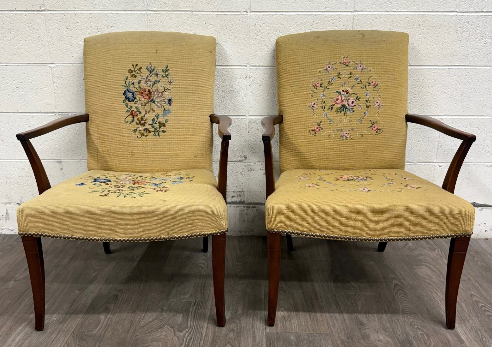 Vintage Mid Century Modern MCM Needlepoint Armchairs - Pair
