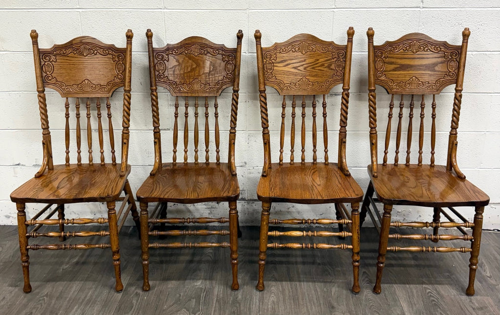 Antique Oak Pressed Back Barley Twist Dining Chairs - Full Set of 4