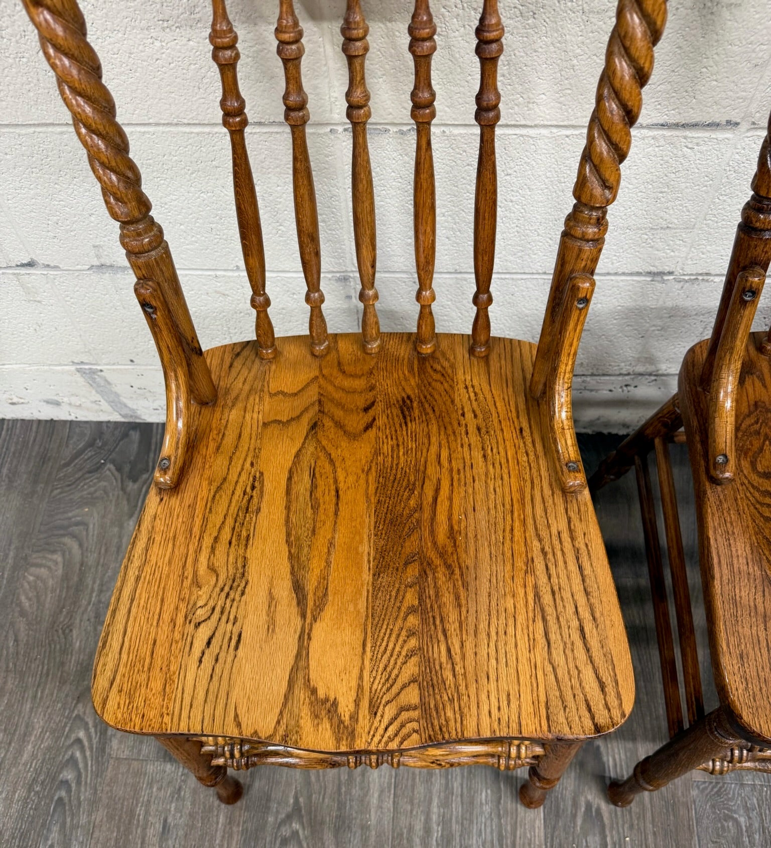 Antique Oak Pressed Back Barley Twist Dining Chairs - Full Set of 4