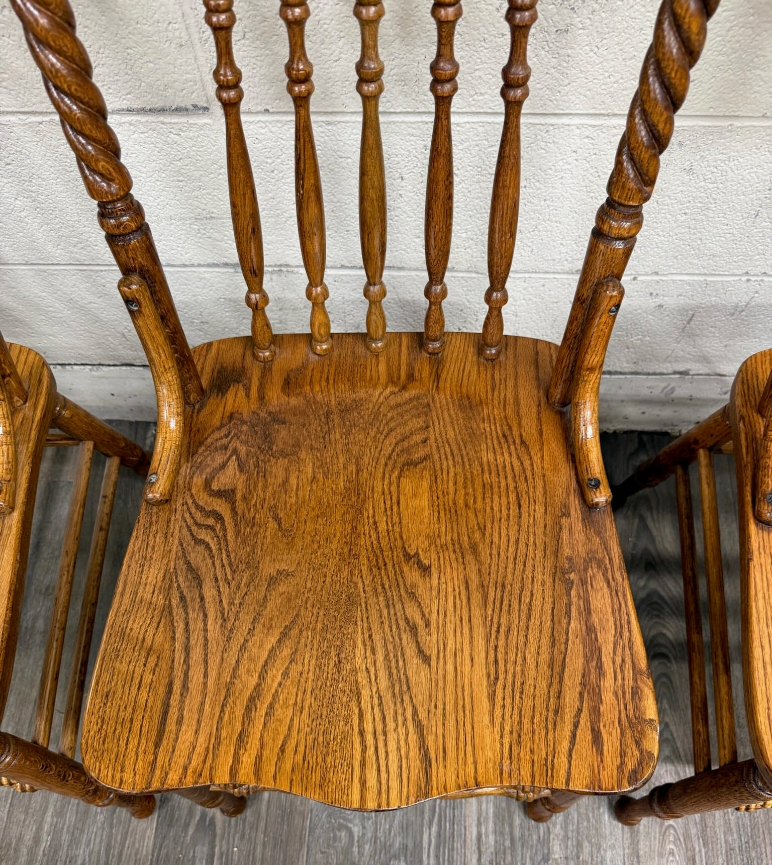 Antique Oak Pressed Back Barley Twist Dining Chairs - Full Set of 4