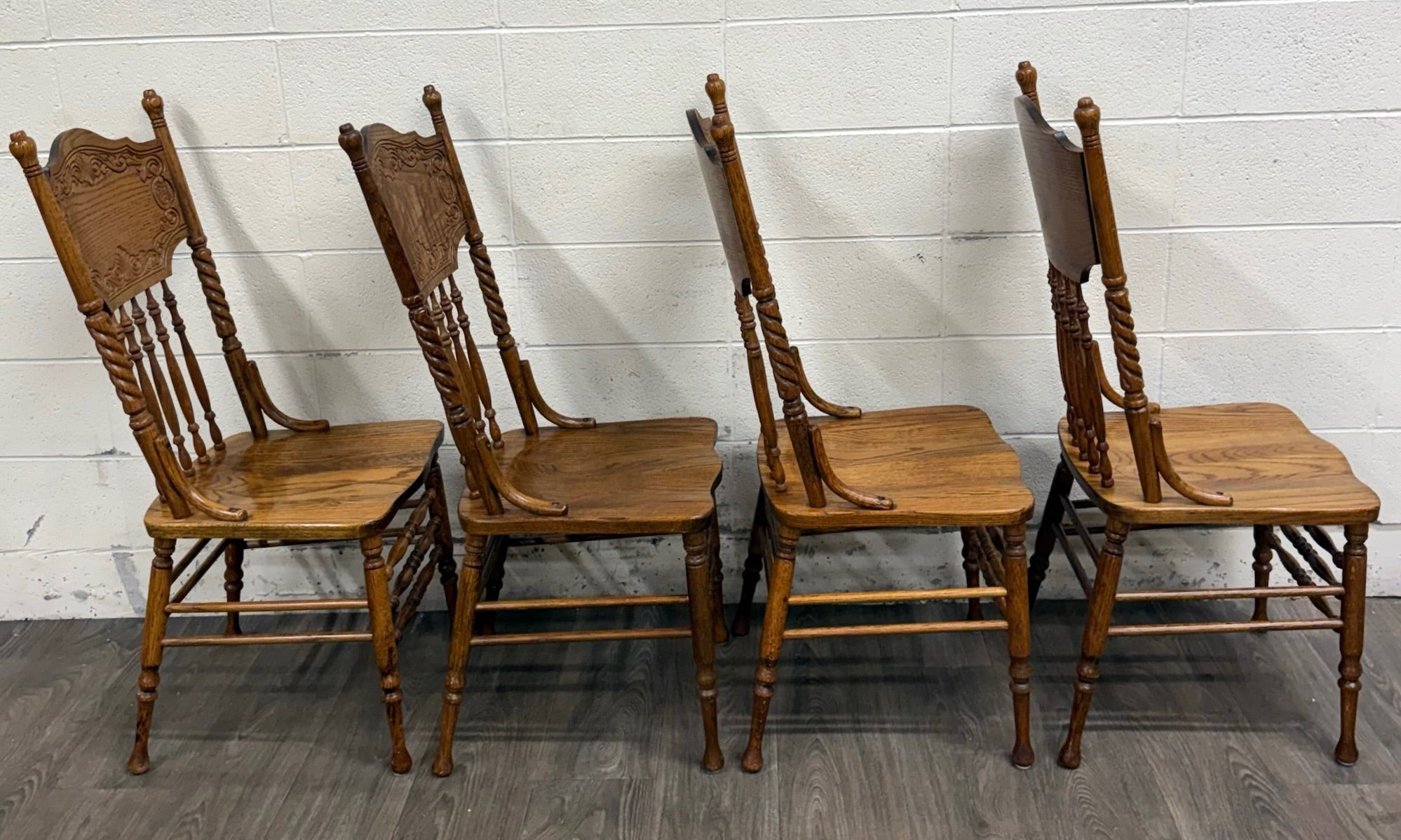 Antique Oak Pressed Back Barley Twist Dining Chairs - Full Set of 4