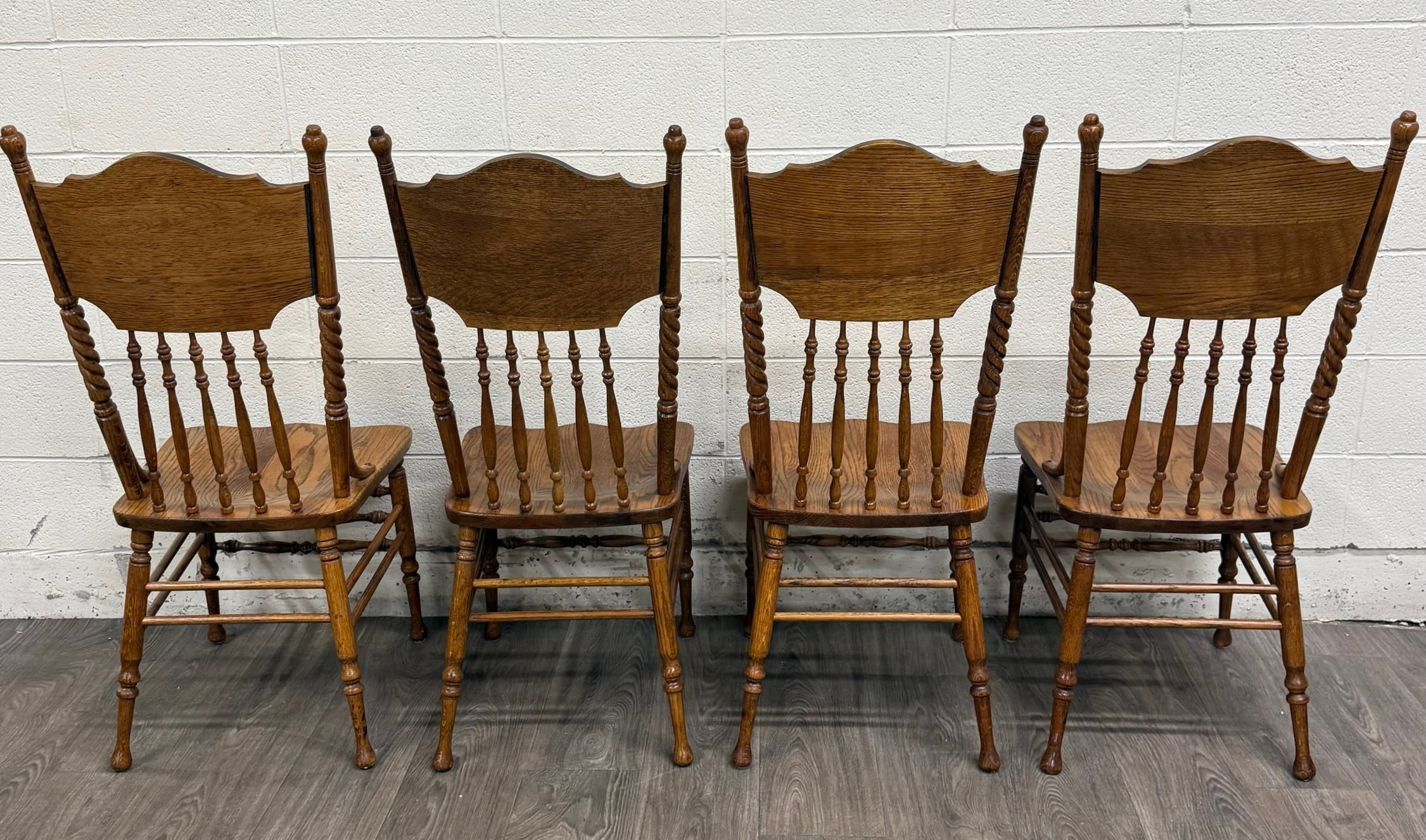 Antique Oak Pressed Back Barley Twist Dining Chairs - Full Set of 4