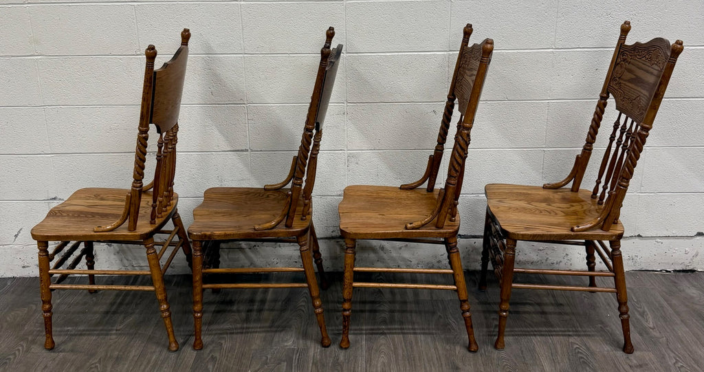 Antique Oak Pressed Back Barley Twist Dining Chairs - Full Set of 4