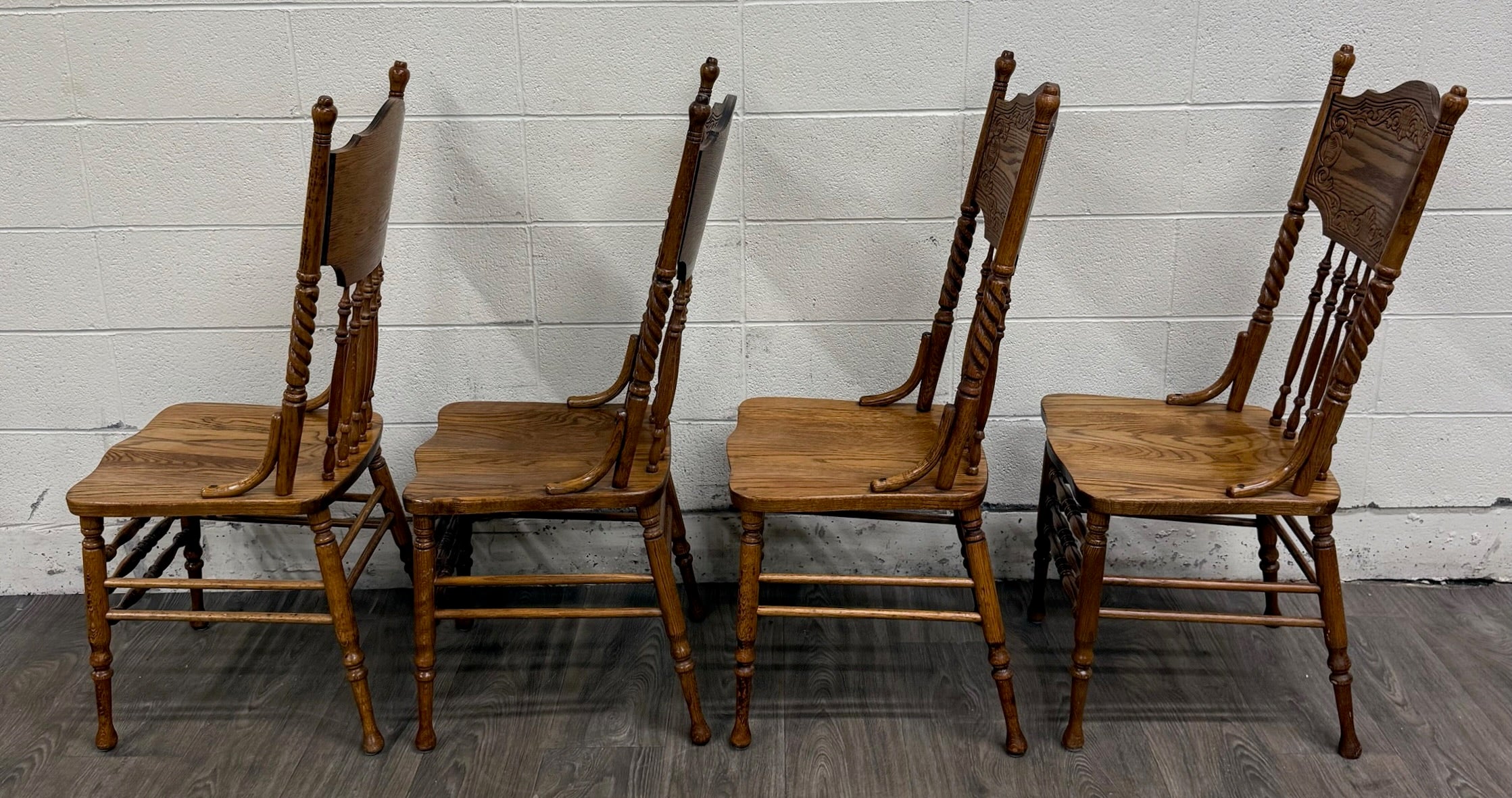 Antique Oak Pressed Back Barley Twist Dining Chairs - Full Set of 4