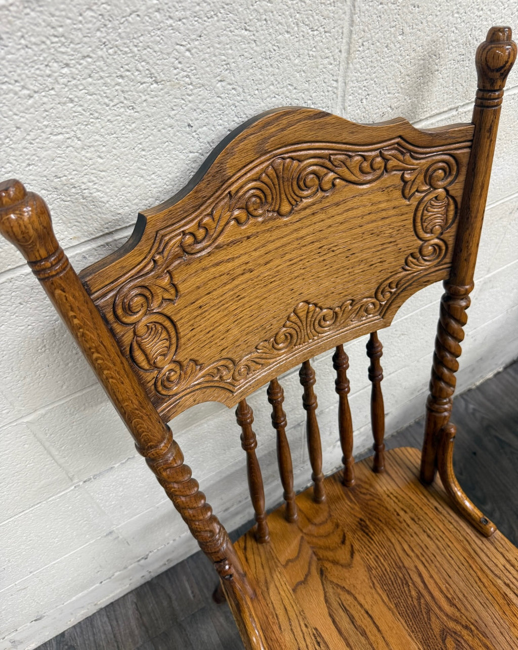 Antique Oak Pressed Back Barley Twist Dining Chairs - Full Set of 4