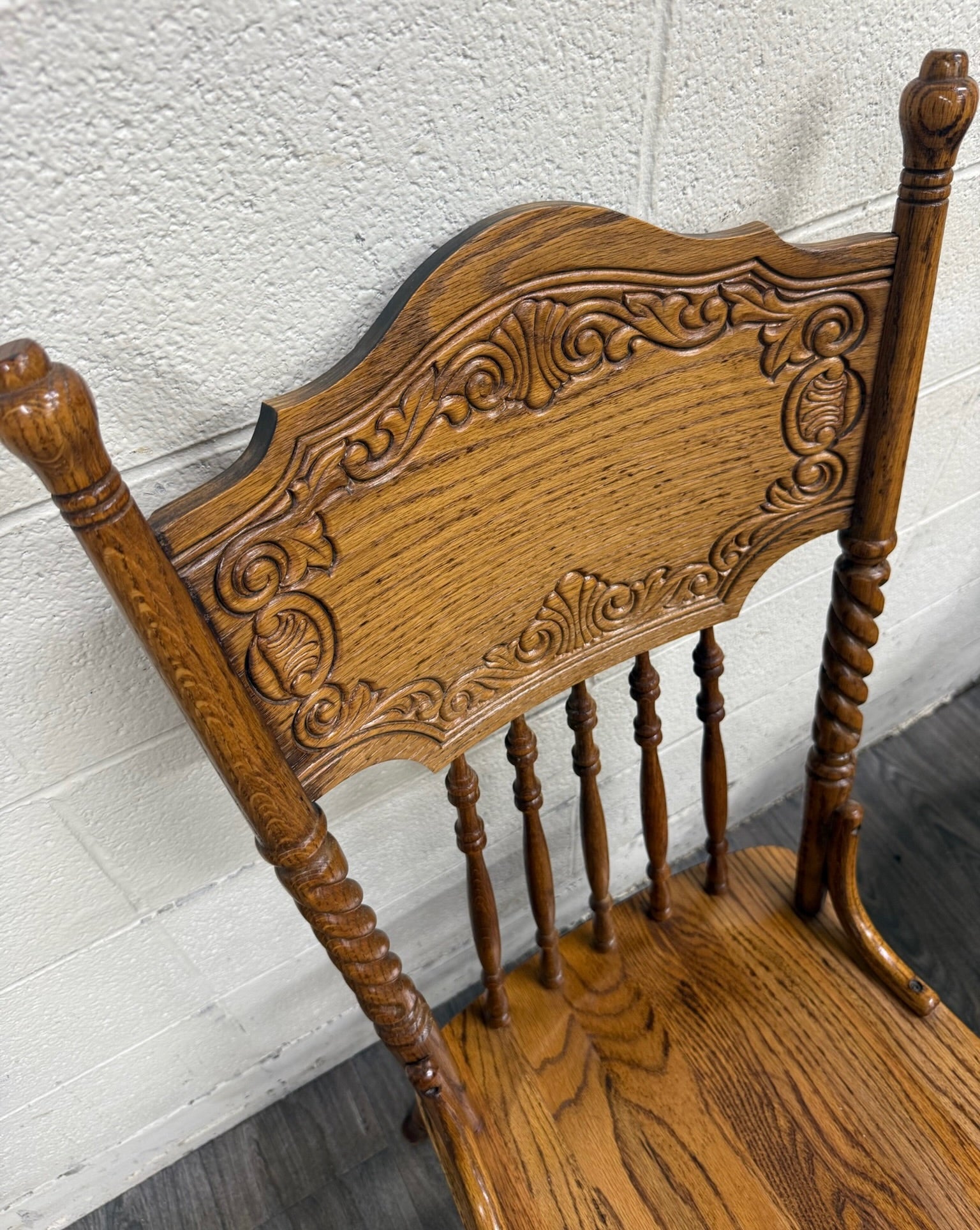 Antique Oak Pressed Back Barley Twist Dining Chairs - Full Set of 4