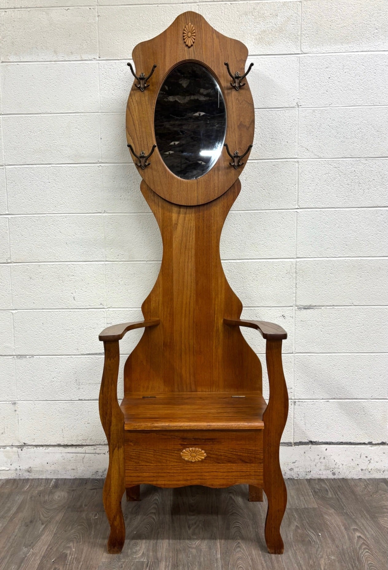 Antique Arts and Crafts Style American Oak Hall Tree with Mirror and Storage