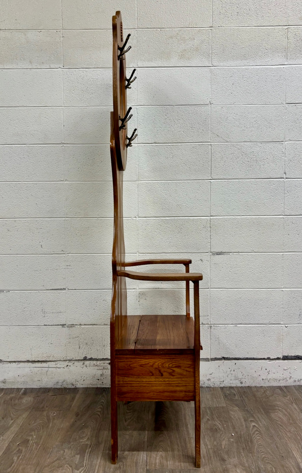 Antique Arts and Crafts Style American Oak Hall Tree with Mirror and Storage