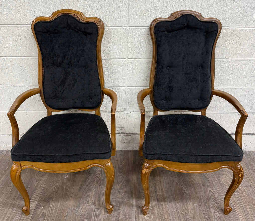 Vintage French Provincial Style Tufted Black Velvet Armchairs - Pair