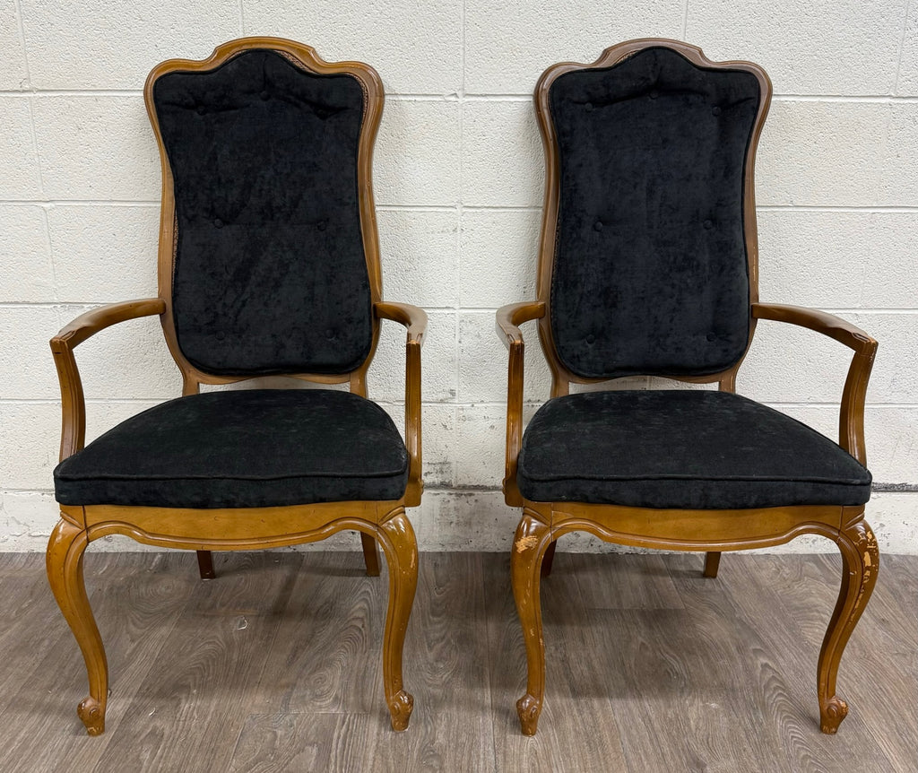 Vintage French Provincial Style Tufted Black Velvet Armchairs - Pair