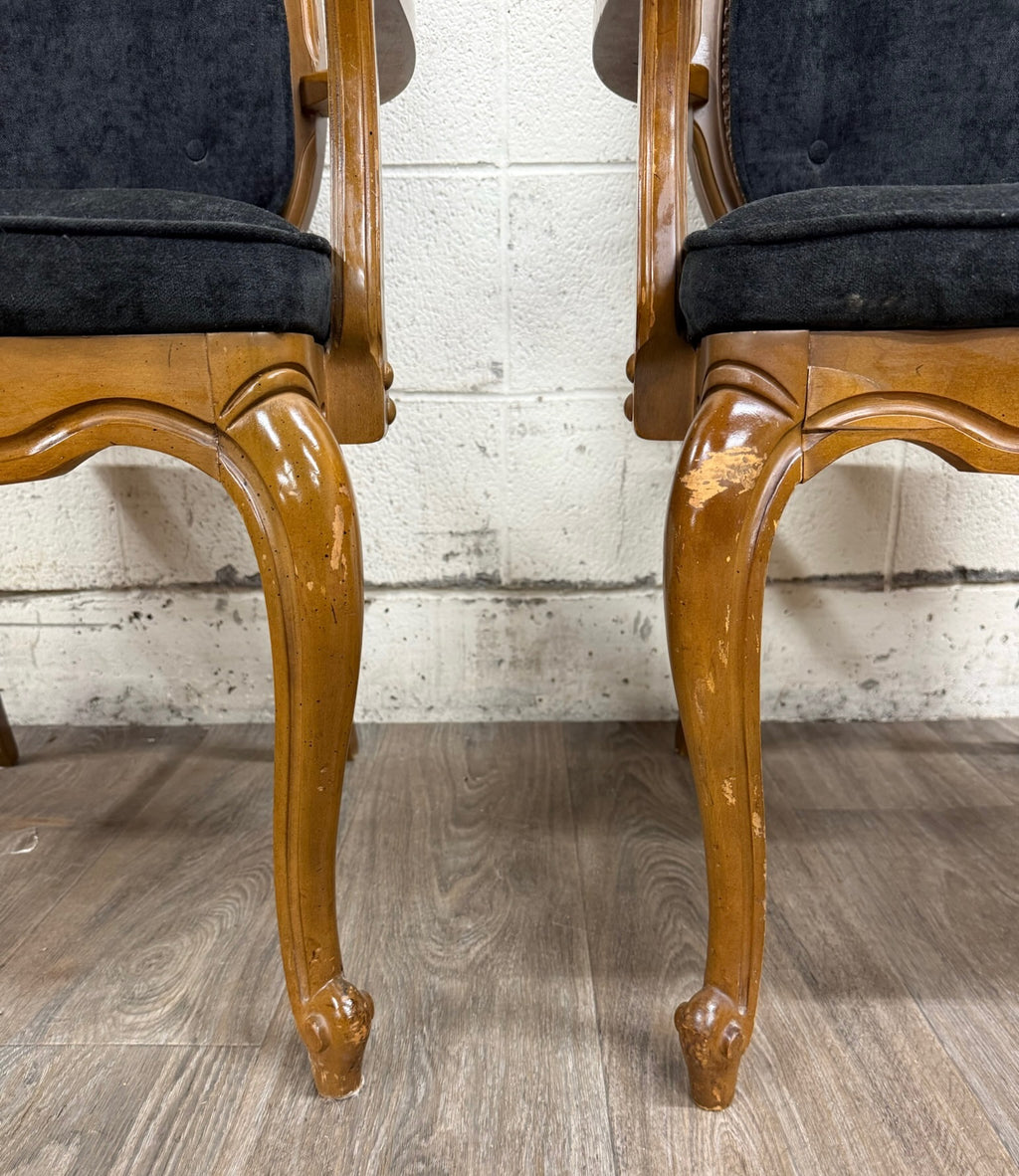 Vintage French Provincial Style Tufted Black Velvet Armchairs - Pair