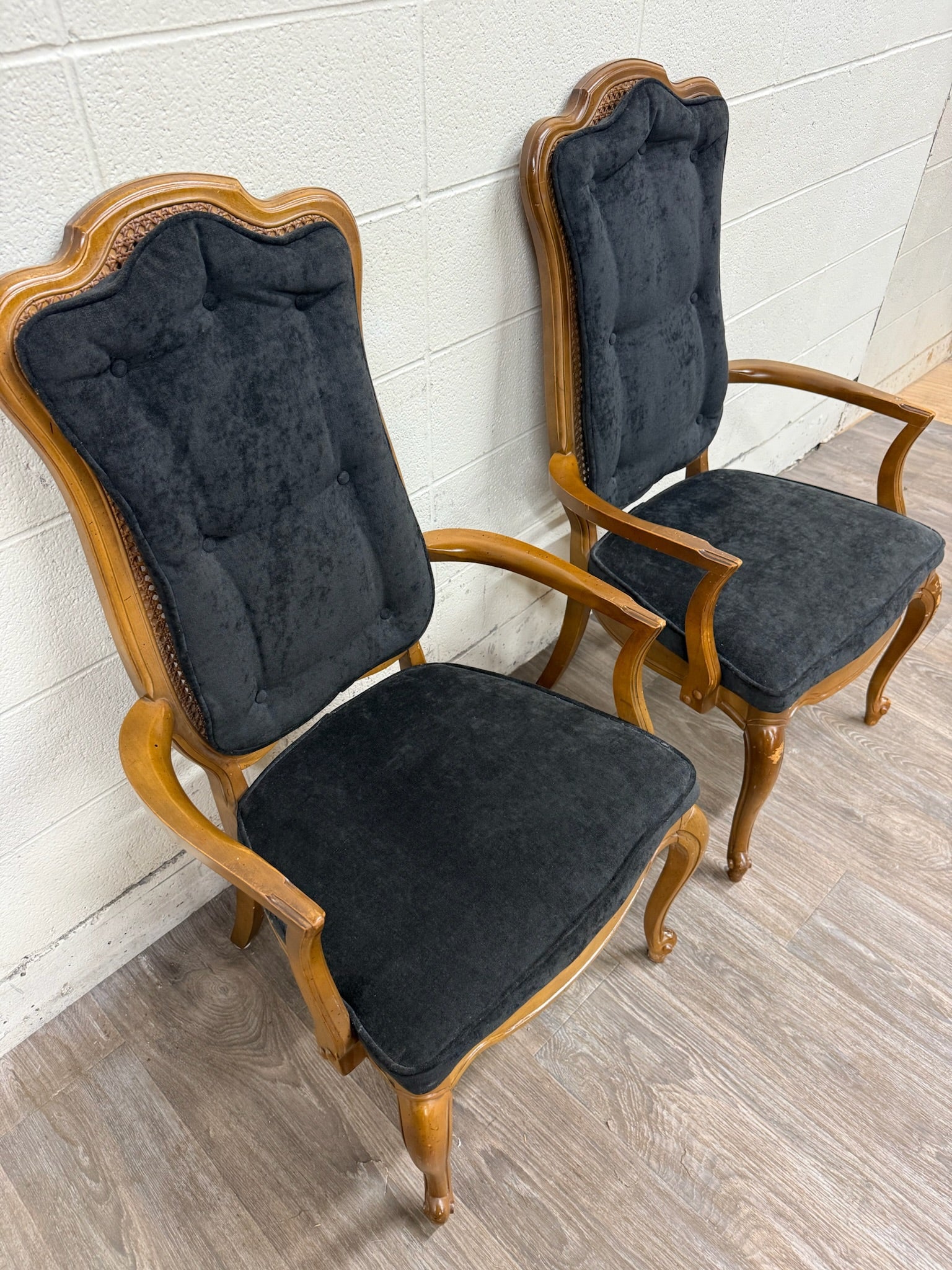 Vintage French Provincial Style Tufted Black Velvet Armchairs - Pair