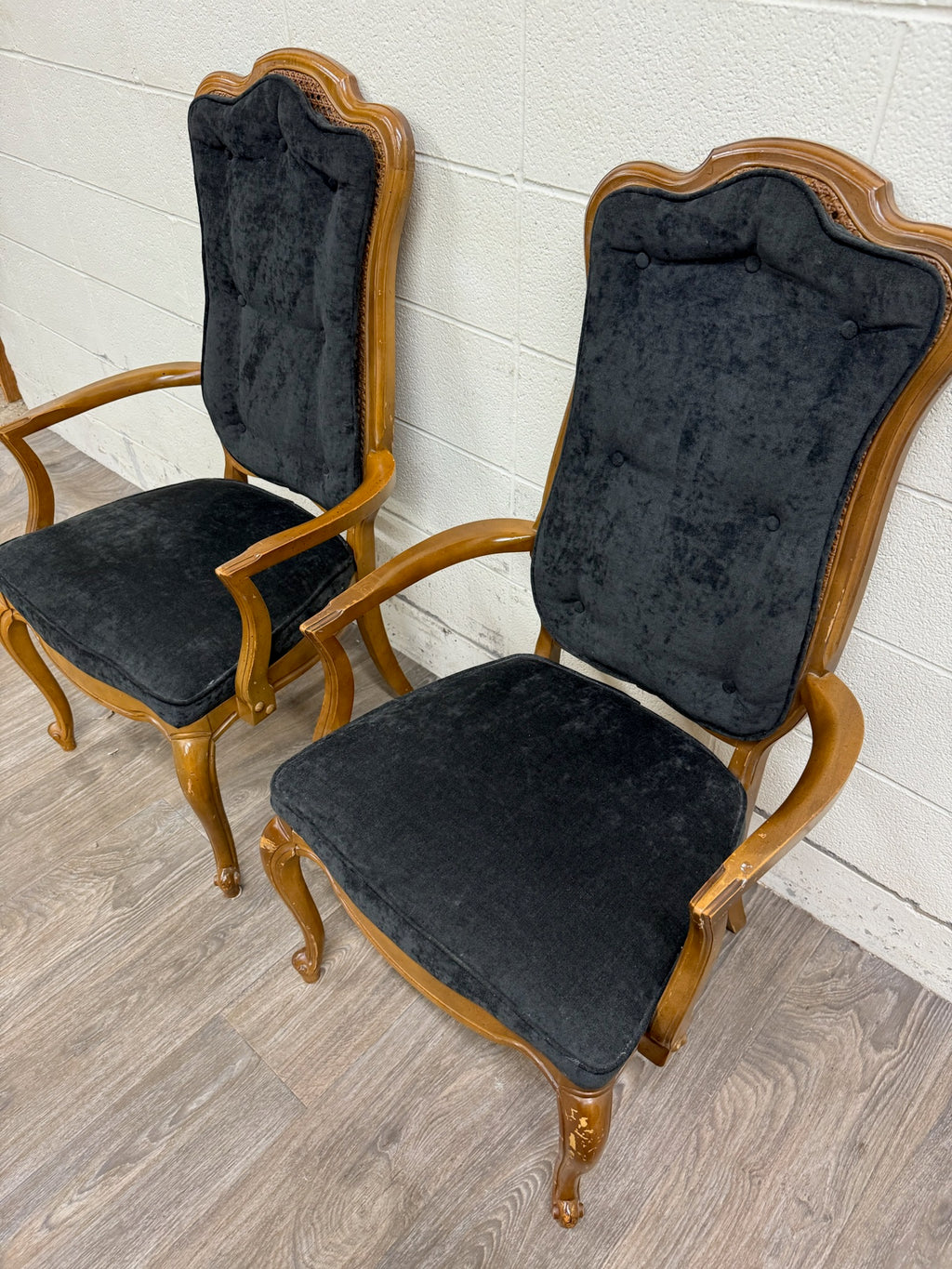 Vintage French Provincial Style Tufted Black Velvet Armchairs - Pair