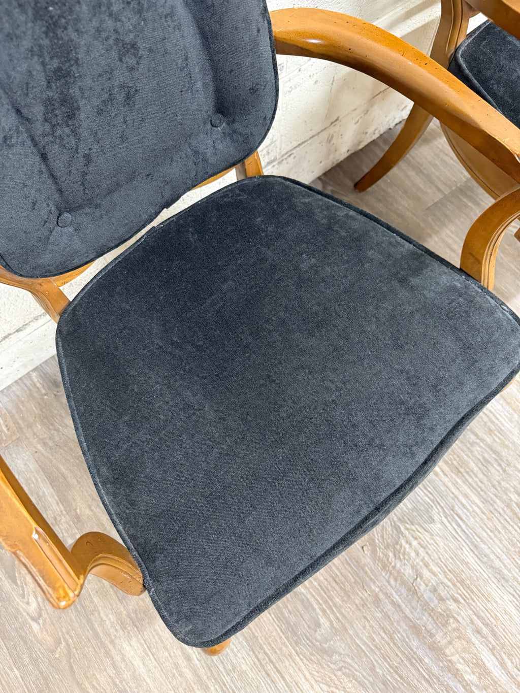 Vintage French Provincial Style Tufted Black Velvet Armchairs - Pair