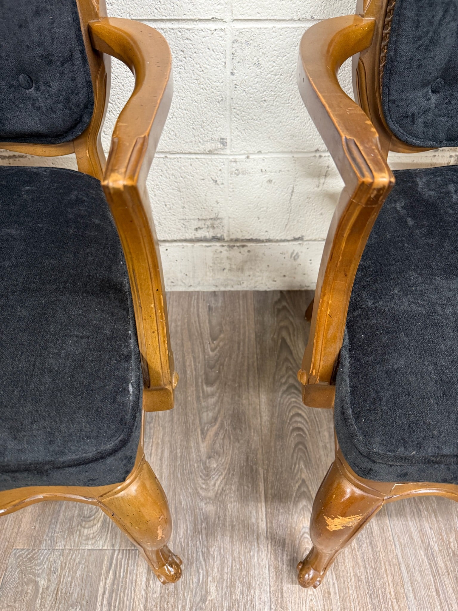 Vintage French Provincial Style Tufted Black Velvet Armchairs - Pair