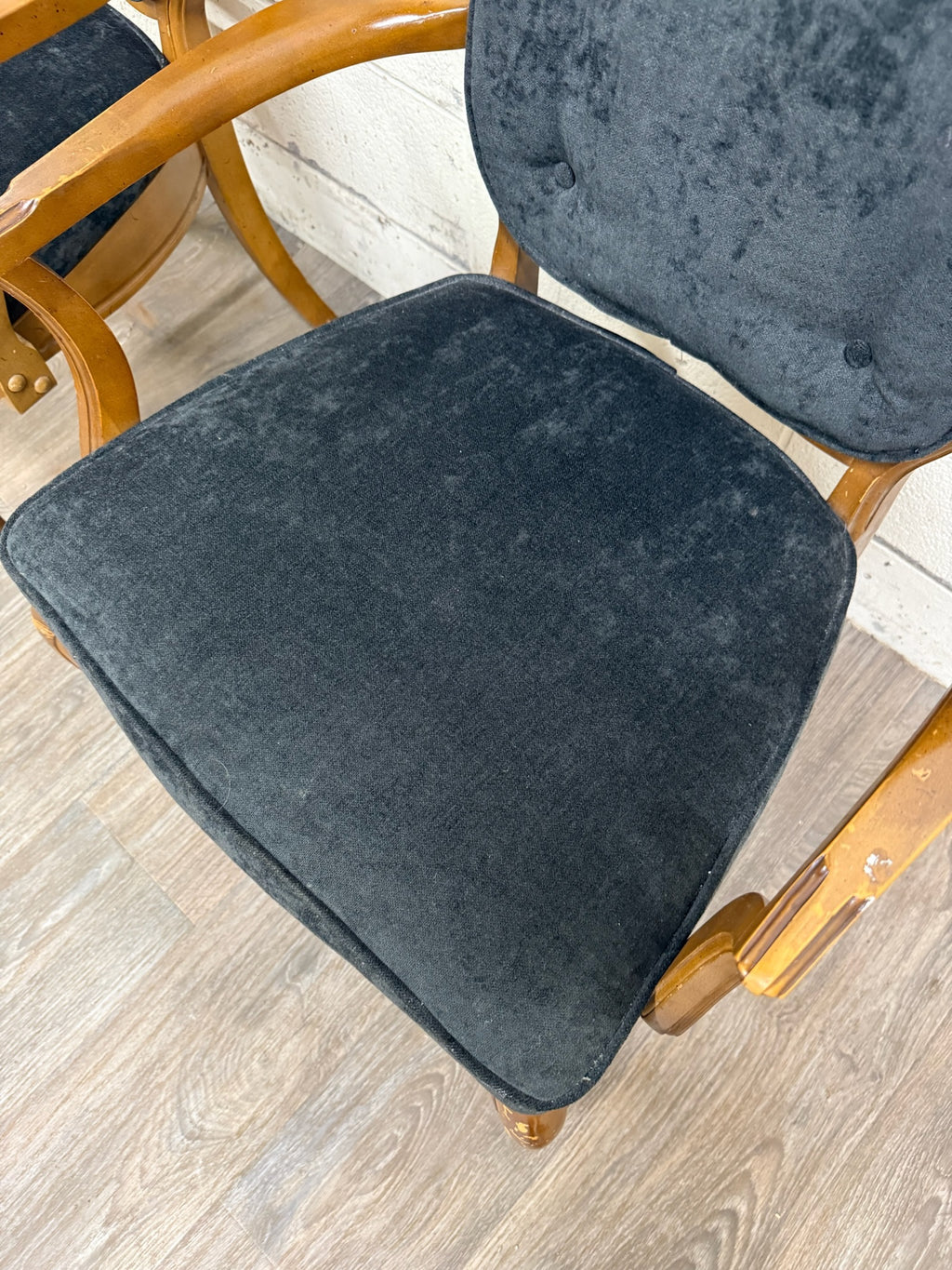 Vintage French Provincial Style Tufted Black Velvet Armchairs - Pair