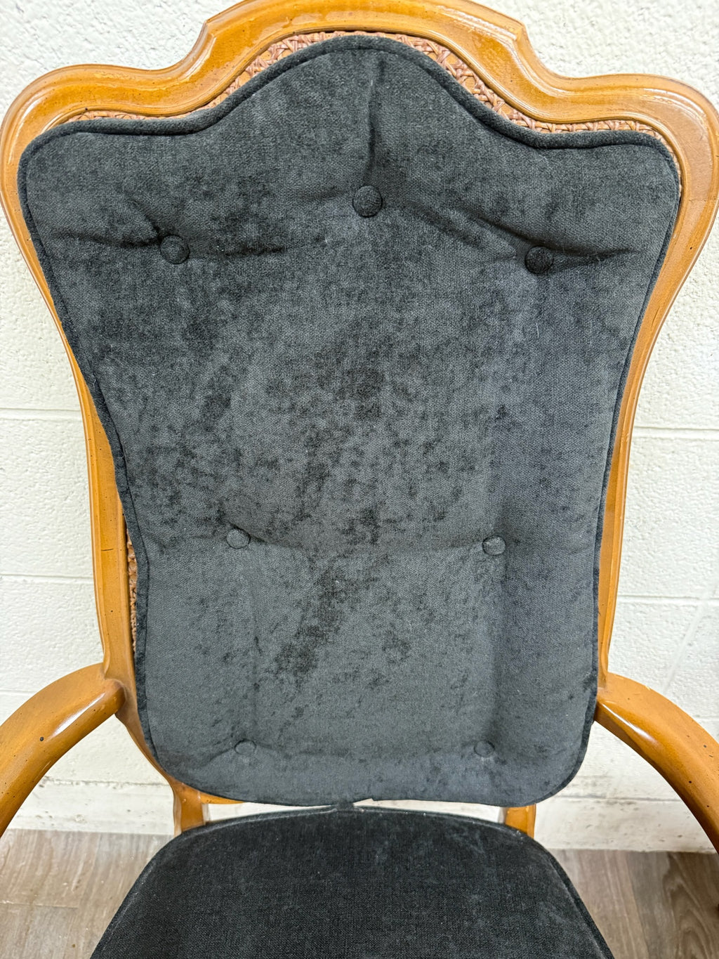 Vintage French Provincial Style Tufted Black Velvet Armchairs - Pair