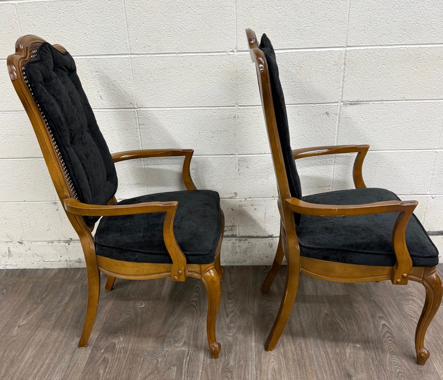 Vintage French Provincial Style Tufted Black Velvet Armchairs - Pair