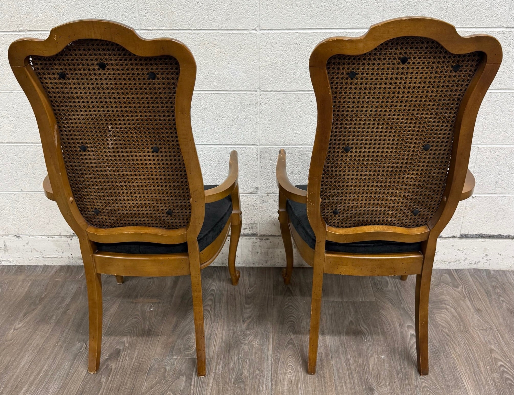 Vintage French Provincial Style Tufted Black Velvet Armchairs - Pair