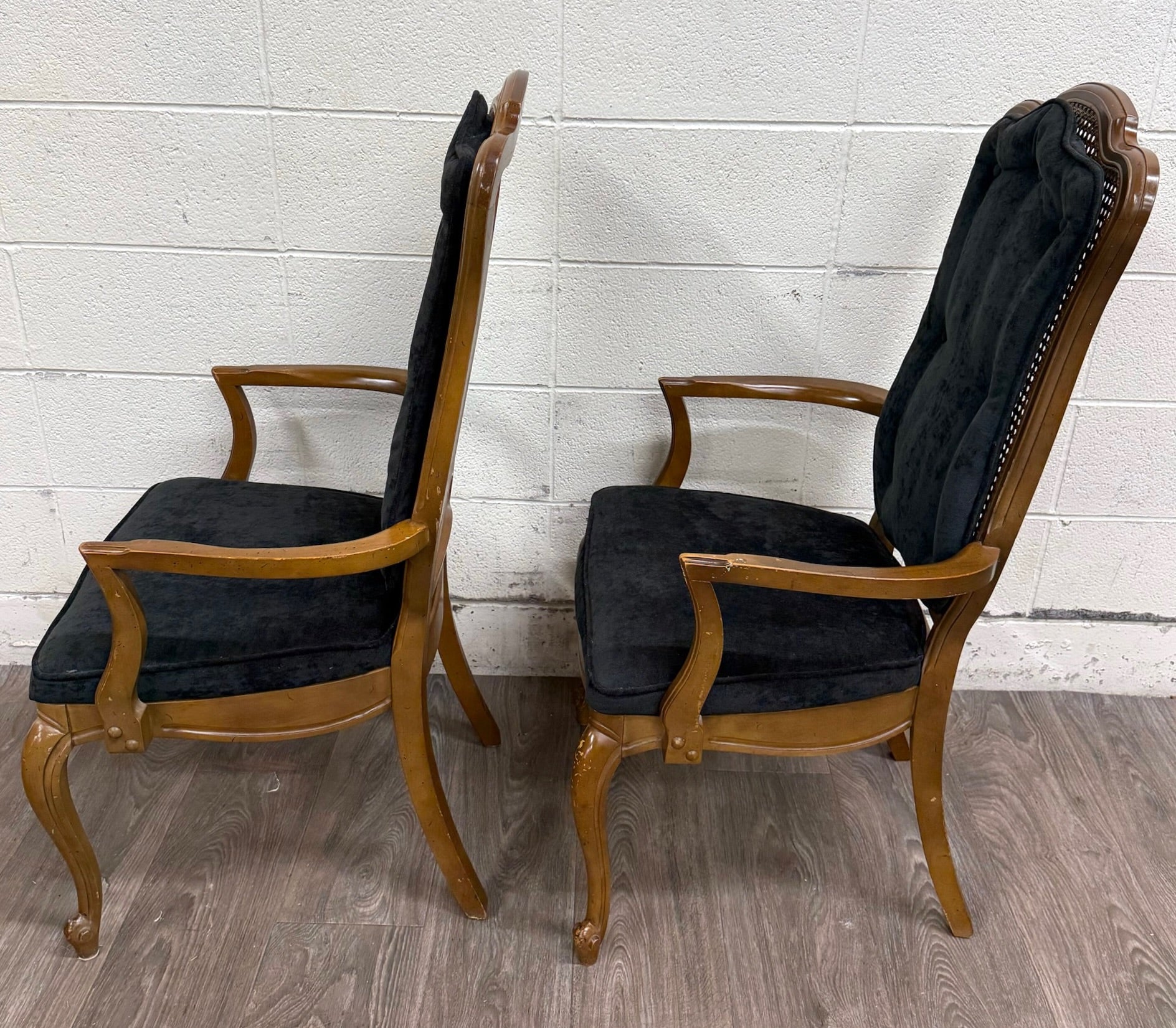Vintage French Provincial Style Tufted Black Velvet Armchairs - Pair