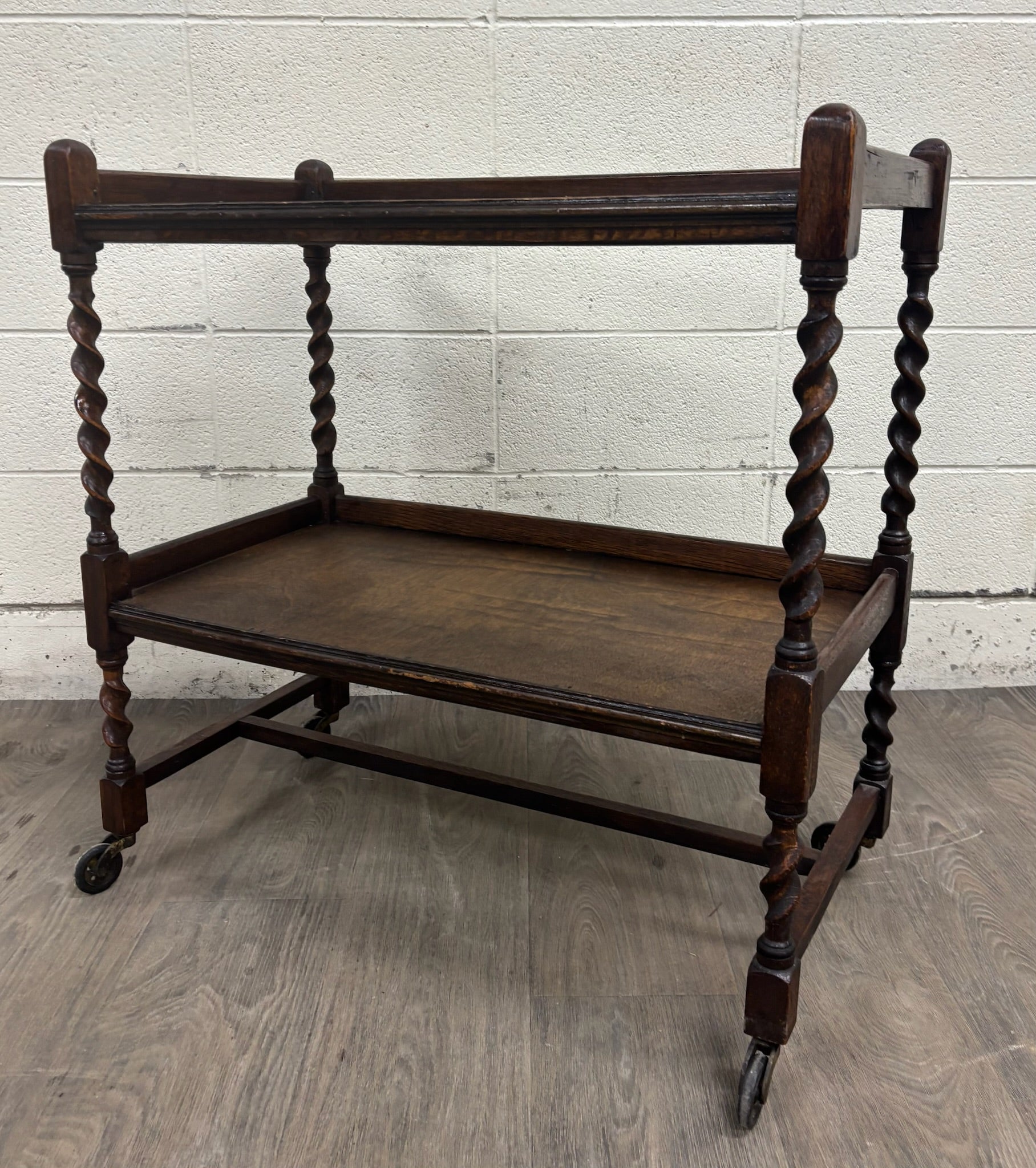 Antique English Barley Twist Oak Trolley Tea Cart Dumbwaiter