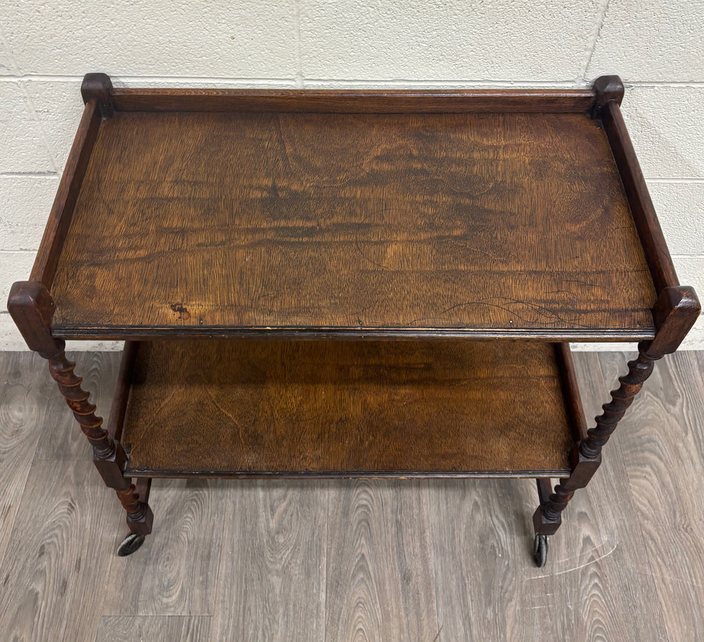 Antique English Barley Twist Oak Trolley Tea Cart Dumbwaiter