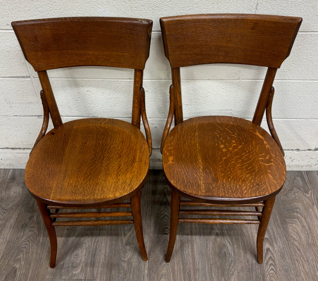 Antique Solid Oak Bentwood Curved Back Dining Chairs - Pair