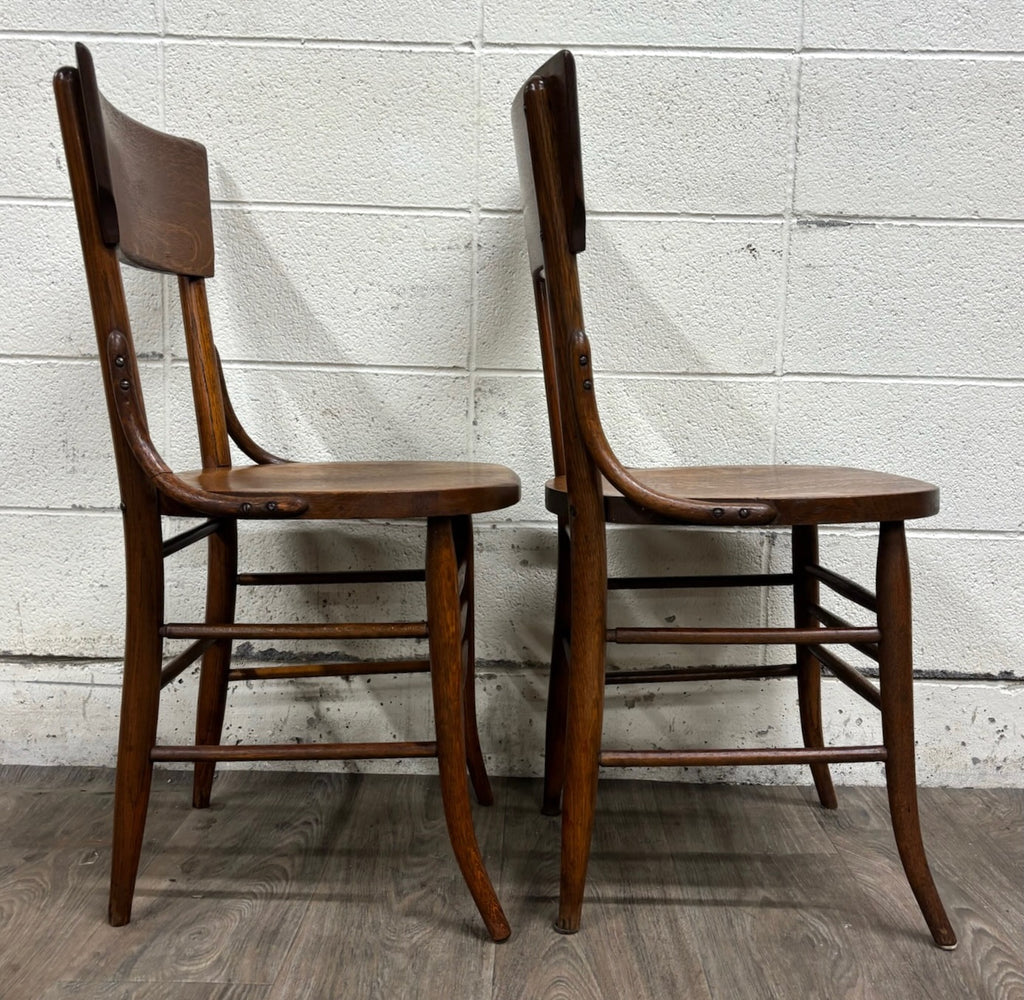 Antique Solid Oak Bentwood Curved Back Dining Chairs - Pair