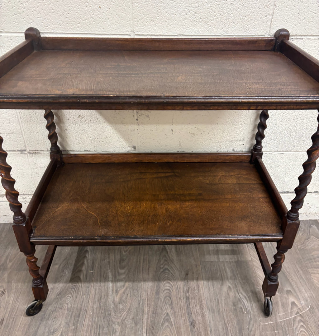 Antique English Barley Twist Oak Trolley Tea Cart Dumbwaiter