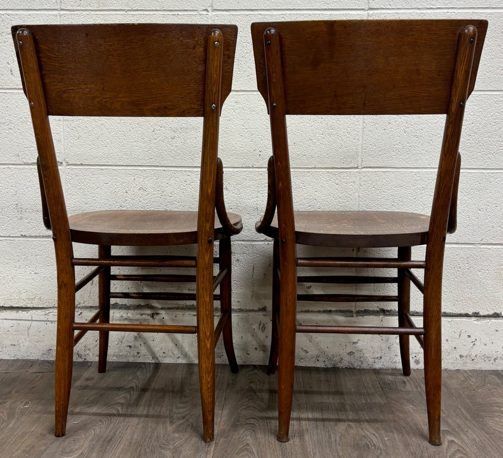 Antique Solid Oak Bentwood Curved Back Dining Chairs - Pair