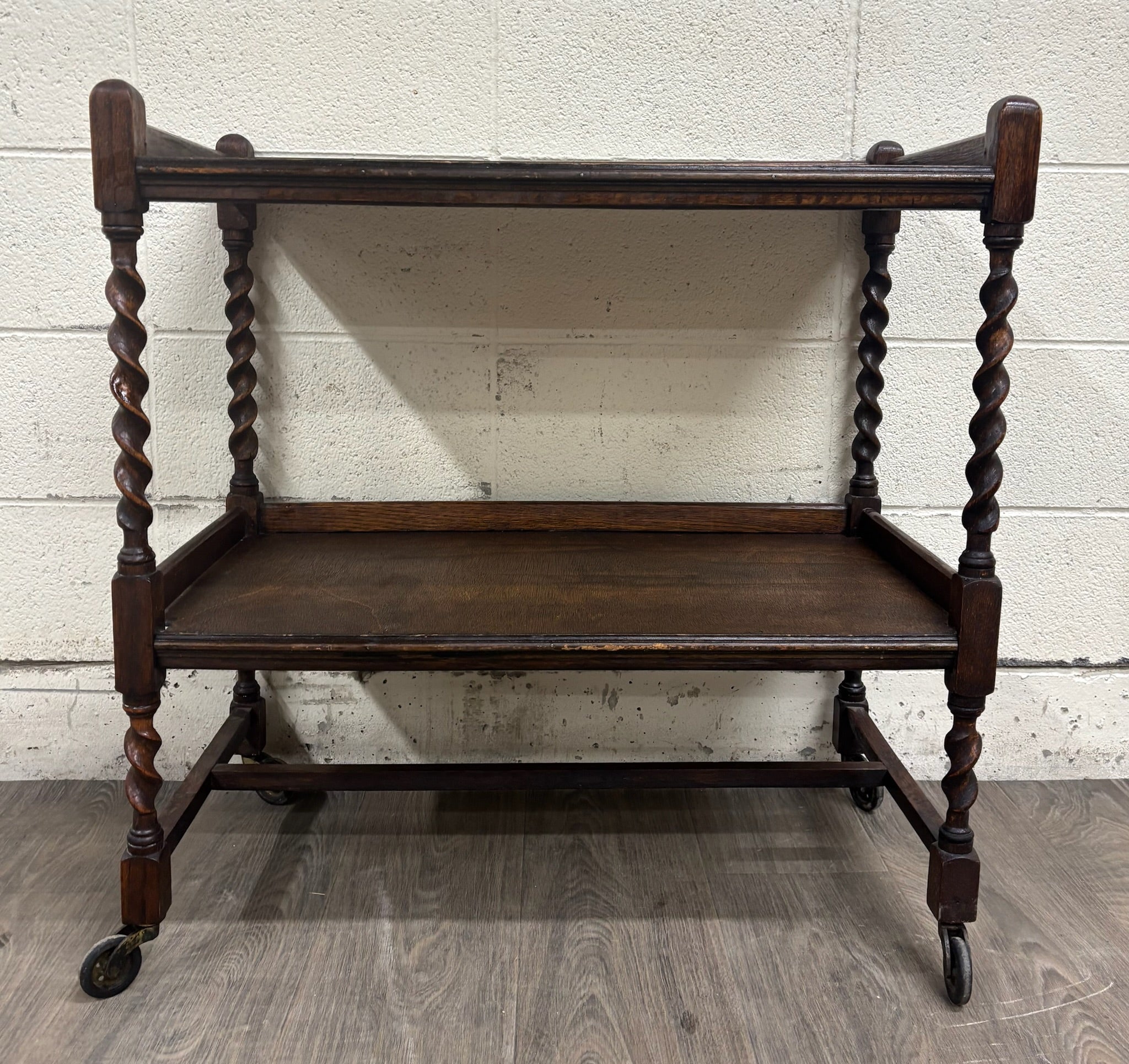 Antique English Barley Twist Oak Trolley Tea Cart Dumbwaiter