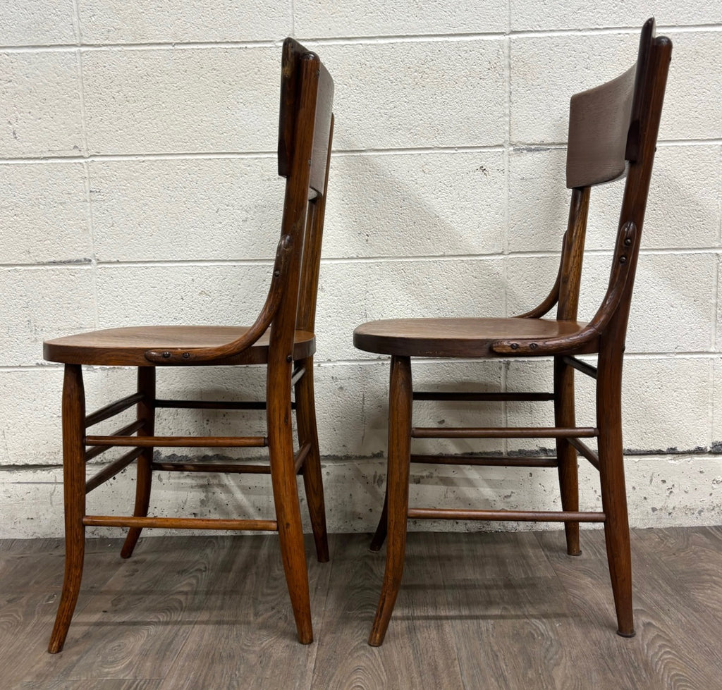 Antique Solid Oak Bentwood Curved Back Dining Chairs - Pair