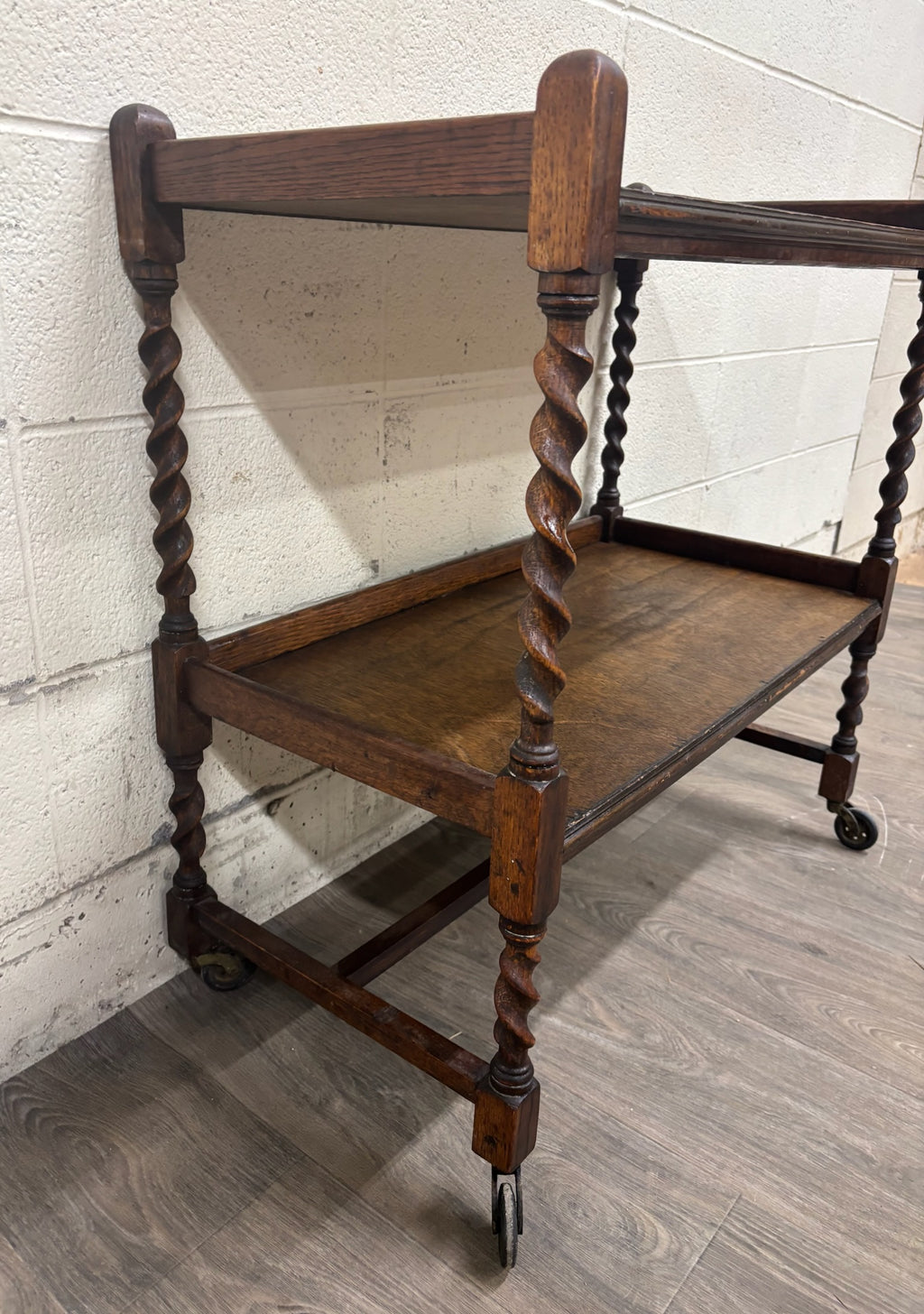 Antique English Barley Twist Oak Trolley Tea Cart Dumbwaiter
