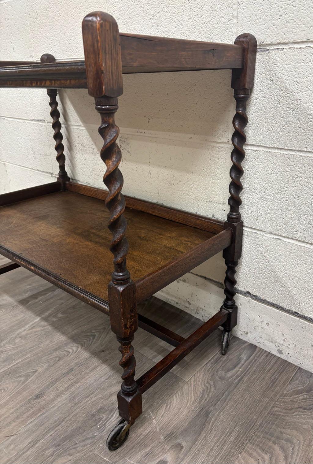 Antique English Barley Twist Oak Trolley Tea Cart Dumbwaiter