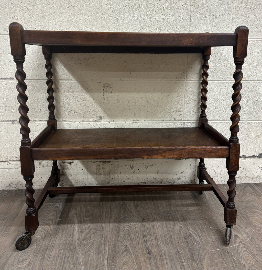 Antique English Barley Twist Oak Trolley Tea Cart Dumbwaiter