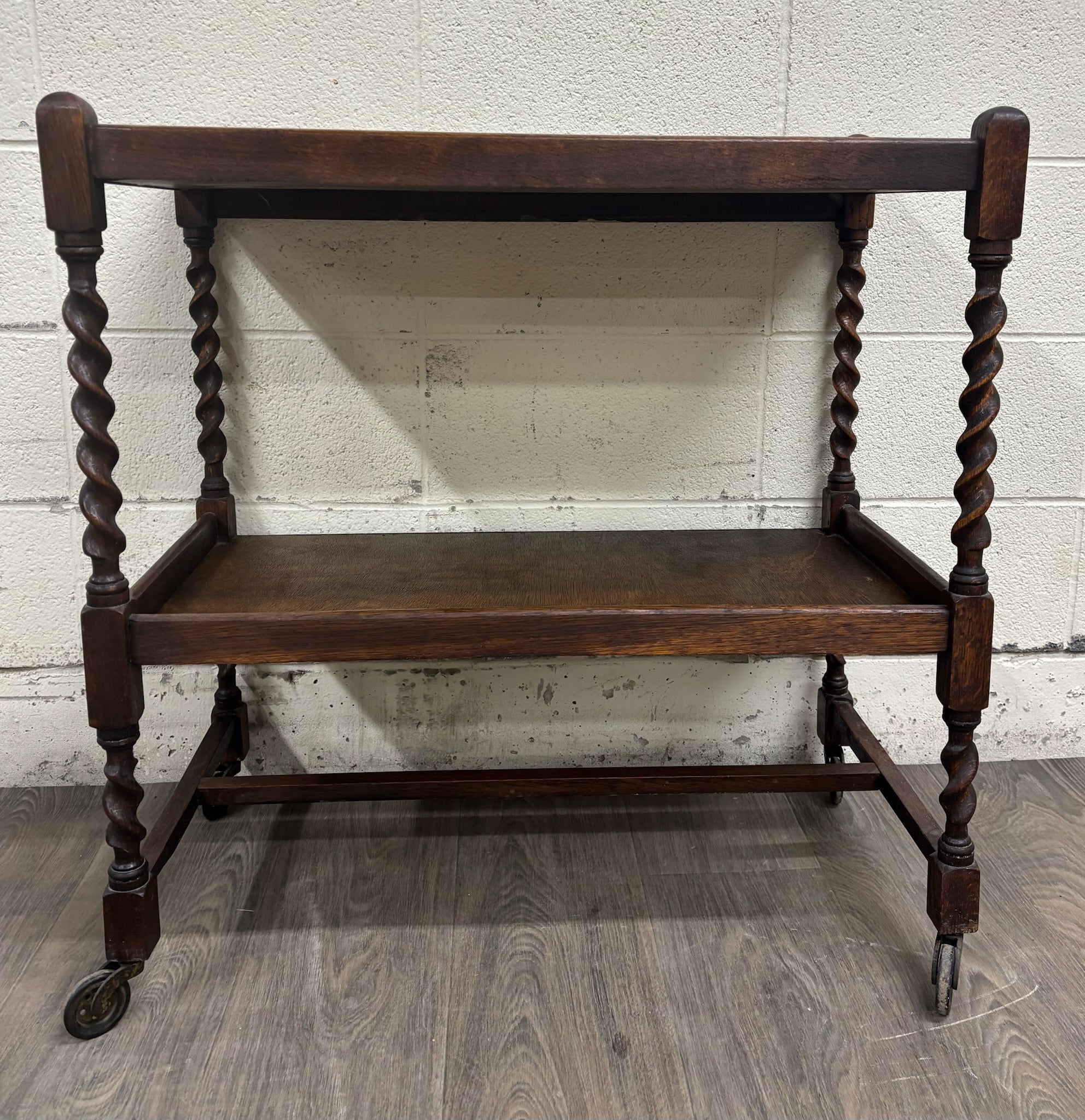 Antique English Barley Twist Oak Trolley Tea Cart Dumbwaiter
